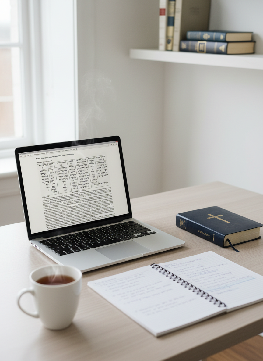A clean, minimalist workspace featuring a slim silver laptop displaying a theological article with Greek and Hebrew text, positioned on a light ash-wood desk. Beside it rests a closed navy-blue study Bible, a notebook with precise handwritten notes, and a ceramic mug of tea releasing a faint wisp of steam. Diffused overcast daylight from a nearby window creates a soft, even illumination with minimal shadows. The background is a subtly blurred white wall with a single floating shelf holding a few neatly arranged classics. Photographic realism, shot from a slightly elevated angle, conveying focus, clarity, and professional academic rigor.