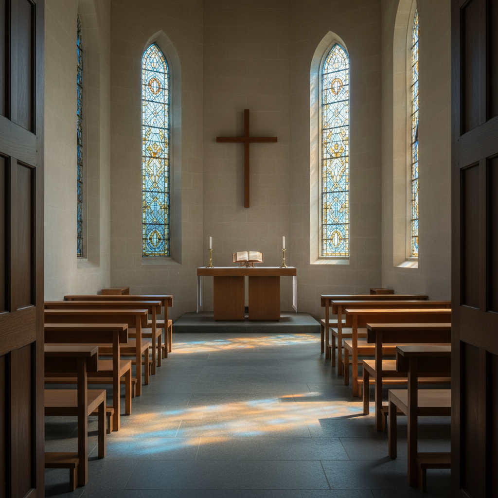 A serene, small chapel interior without people, featuring a simple wooden altar with an open liturgical book and two unlit white candles in understated brass holders. Stained glass windows in muted blues and ambers line the side wall, letting in gentle, diffused morning light that paints soft, colored reflections on the stone floor. The space is uncluttered and reverent, with clean lines and simple benches. Photographic realism, shot from the doorway with a wide-angle lens, symmetrical composition emphasizing order, quiet, and sacred stillness—ideal for articles on worship, liturgy, and ecclesiology.