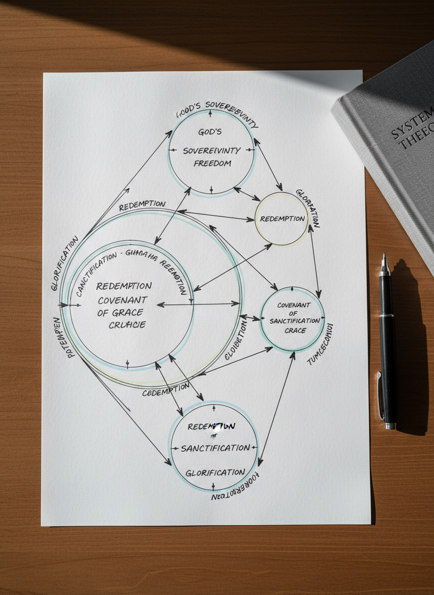 A close-up of a detailed theological diagram sketched on high-quality white paper: concentric circles, arrows, and carefully labeled doctrinal terms in neat black ink, accented with subtle pastel highlighter marks. The paper rests on a smooth walnut desk alongside an uncapped fine-liner pen and a slim, gray-bound systematic theology book. Cool natural daylight from the left creates soft, precise shadows and crisp contrast, emphasizing lines and structure. Photographic realism, shot from directly above with sharp focus, giving a sense of analytical clarity, structured thinking, and professional-level theological synthesis.
