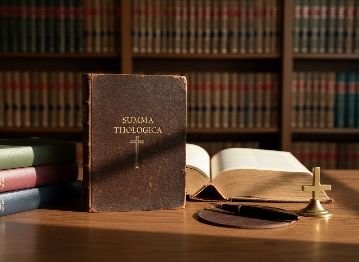 A worn yet dignified leather-bound theological volume, its dark brown cover embossed with faint gold lettering, lies open on a sturdy oak desk. Around it are neatly stacked reference books, a fountain pen, and a small brass cross-shaped paperweight. Soft afternoon daylight filters through an unseen window, falling diagonally across the pages and highlighting fine, slightly yellowed paper fibers. The background is a gentle blur of wooden bookshelves filled with organized tomes. Photographic realism, shot at eye level with a shallow depth of field, creating a calm, scholarly, and contemplative mood suitable for a professional theology blog homepage.