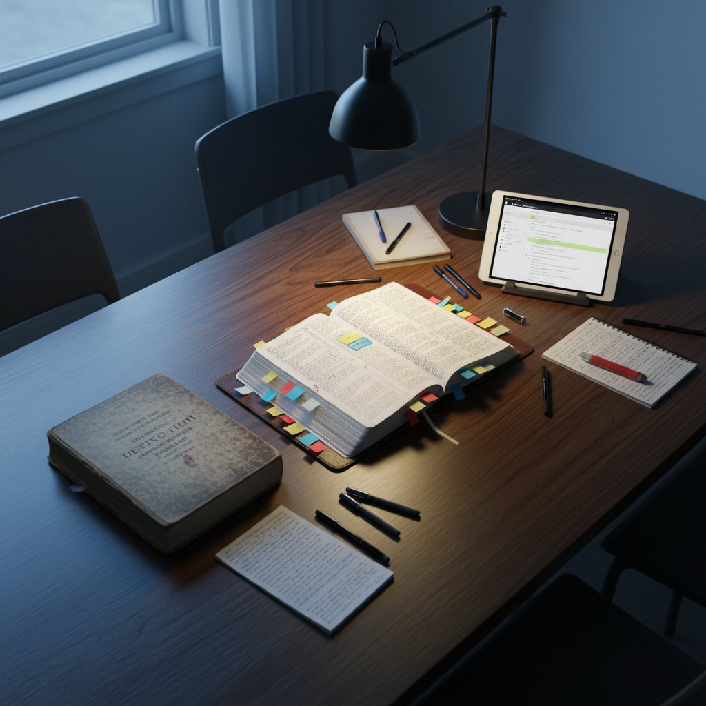 An expansive wooden table covered with an organized spread of theological study materials: a large open Bible with thin, semi-translucent pages, color-coded sticky notes, a Greek lexicon, and a tablet displaying a digital commentary. A simple metal desk lamp casts warm, focused light on the center, while cooler ambient light from a window softly brightens the edges of the scene. The contrast of warm and cool tones creates depth and seriousness. Photographic realism, captured from a high three-quarter angle with sharp focus throughout, evoking disciplined research, balance between tradition and technology, and thoughtful exploration of doctrine.